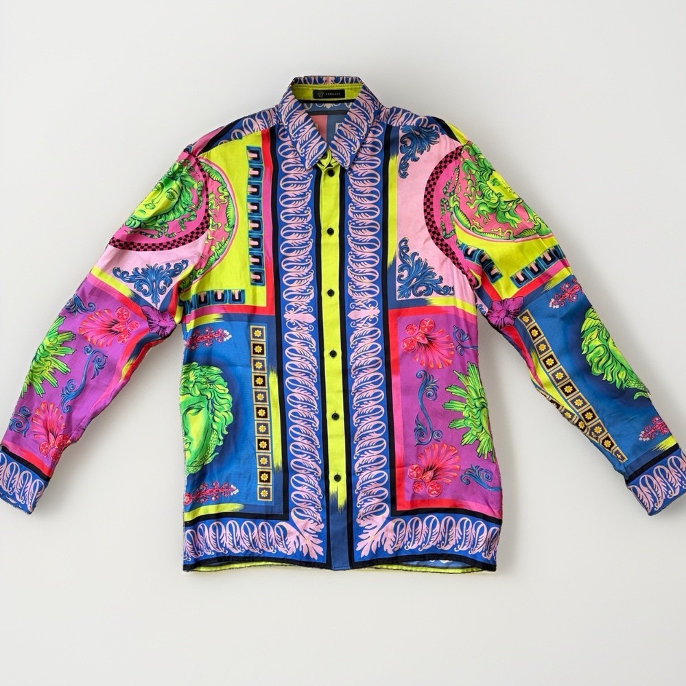 Versace Mens Medusa Graphic Print Silk Button Shirt Size 40 Colorful Art Design